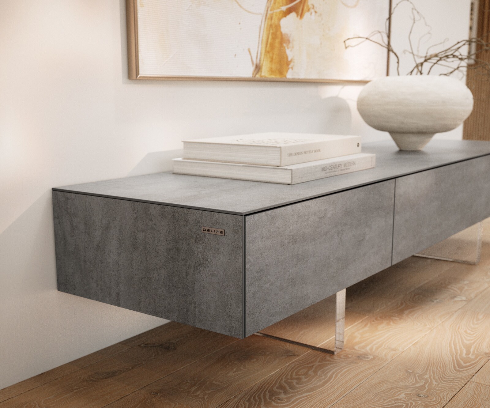 Meuble-TV Cuor 150 cm Céramique Béton gris 1 Clapet 1 Tiroir Pied optique flottant Verre acrylique 6