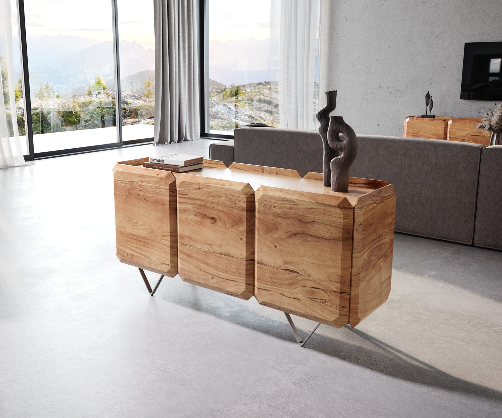 Buffet Kiano 145 cm Acacia Nature 3 Portes Pied en V Acier inoxydable Séparateur de pièce Buffet Kiano 145 cm Acacia Nature 3 Portes Pied en V Acier inoxydable Séparateur de pièce
