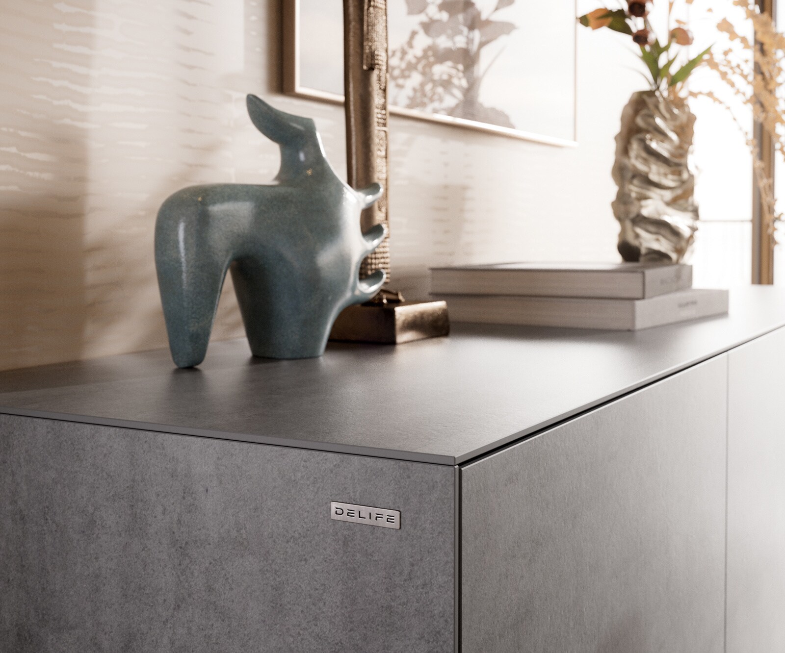 Buffet Cuor 180 cm Céramique Béton gris 2 Portes 3 Tiroirs Pied optique flottant Métal Noir 6