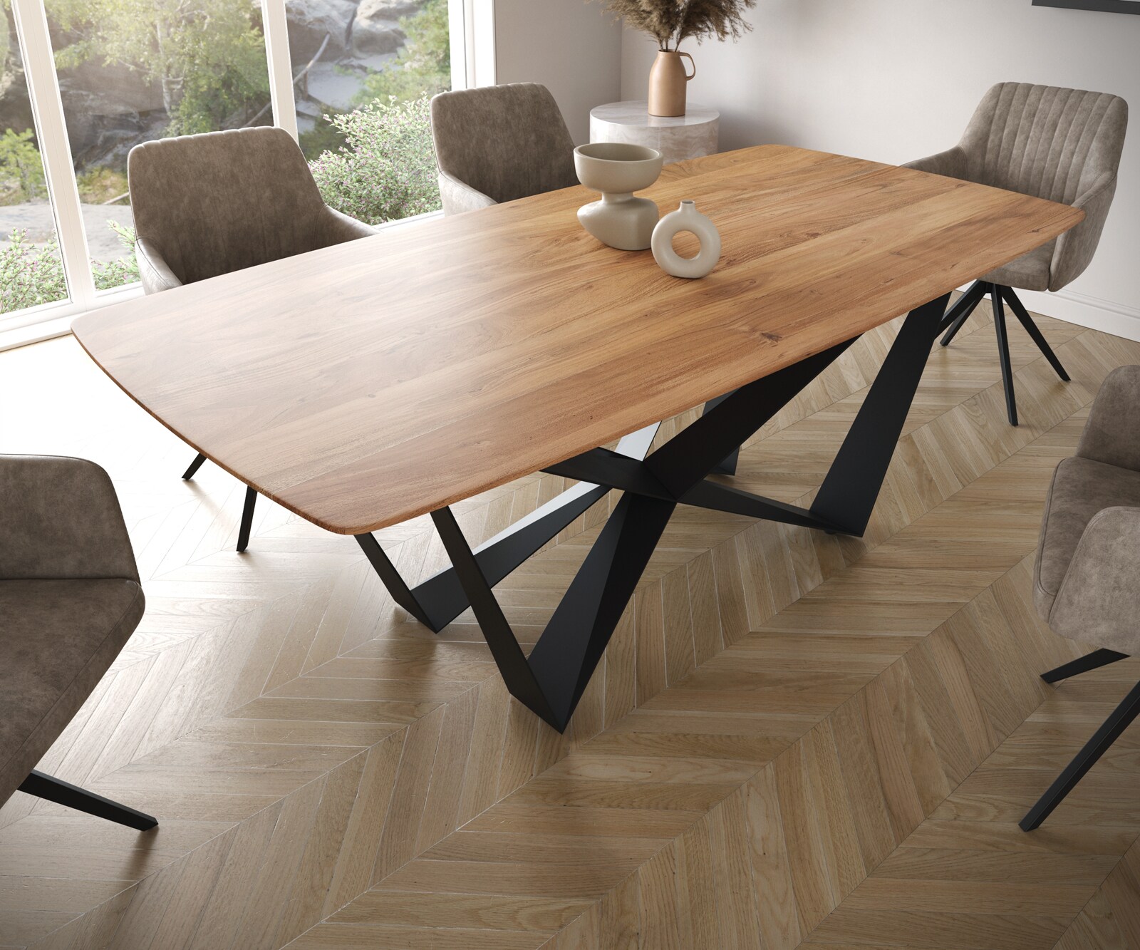 Table à manger Edge Boot 200x100 acacia nature Spider acier plat noir bord suisse 3