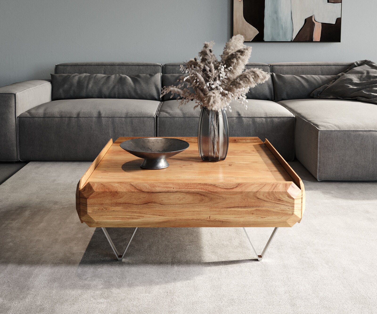 Table-basse Kiano 90x90 cm Acacia Nature 2 Tiroirs Pied en V Acier inoxydable 1