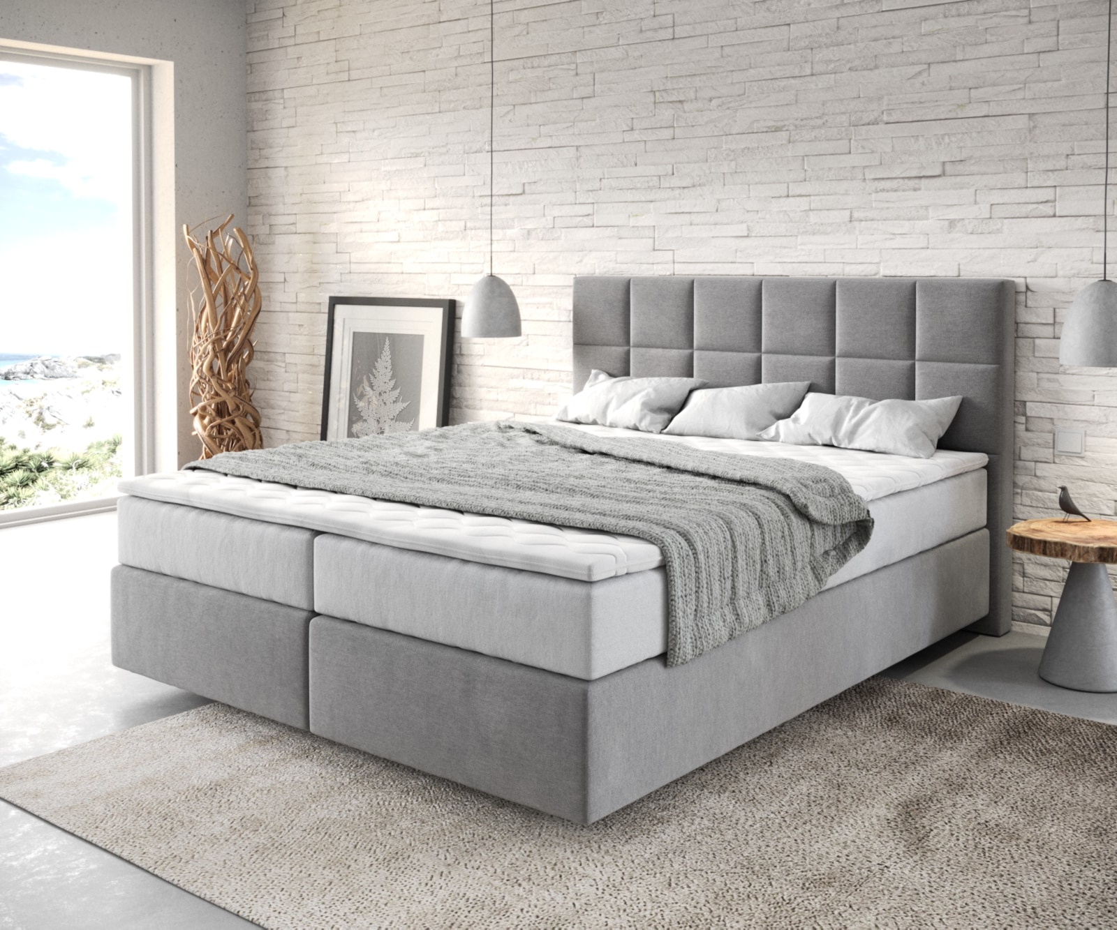 Lit-à-sommier-tapissier Dream-Fine 160x200 cm Microfibre Gris avec matelas TFK et surmatelas viscoélastique 1