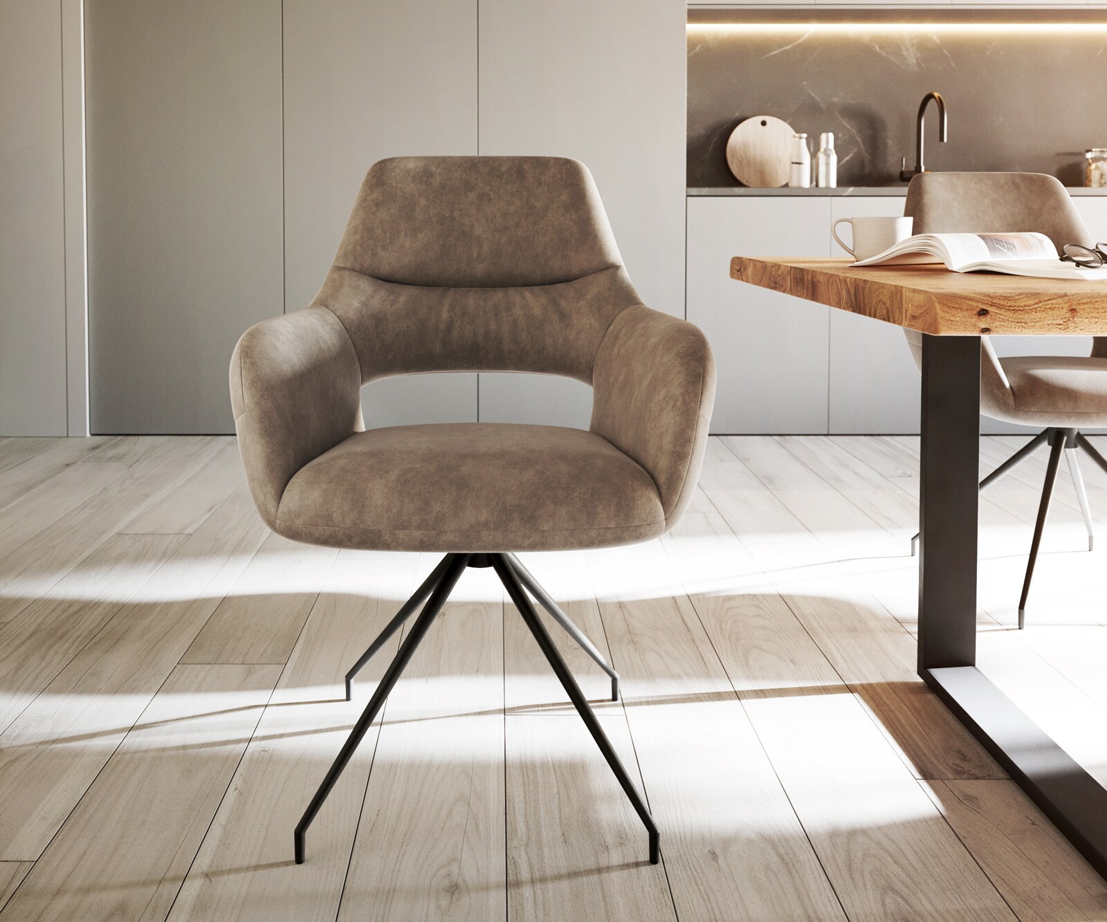 Chaise-de-salle-à-manger Yago-Flex avec accoudoirs microvelours taupe vintage pied croisé conique noir ressorts ensachés 1 Chaise-de-salle-à-manger Yago-Flex avec accoudoirs microvelours taupe vintage pied croisé conique noir ressorts ensachés 1