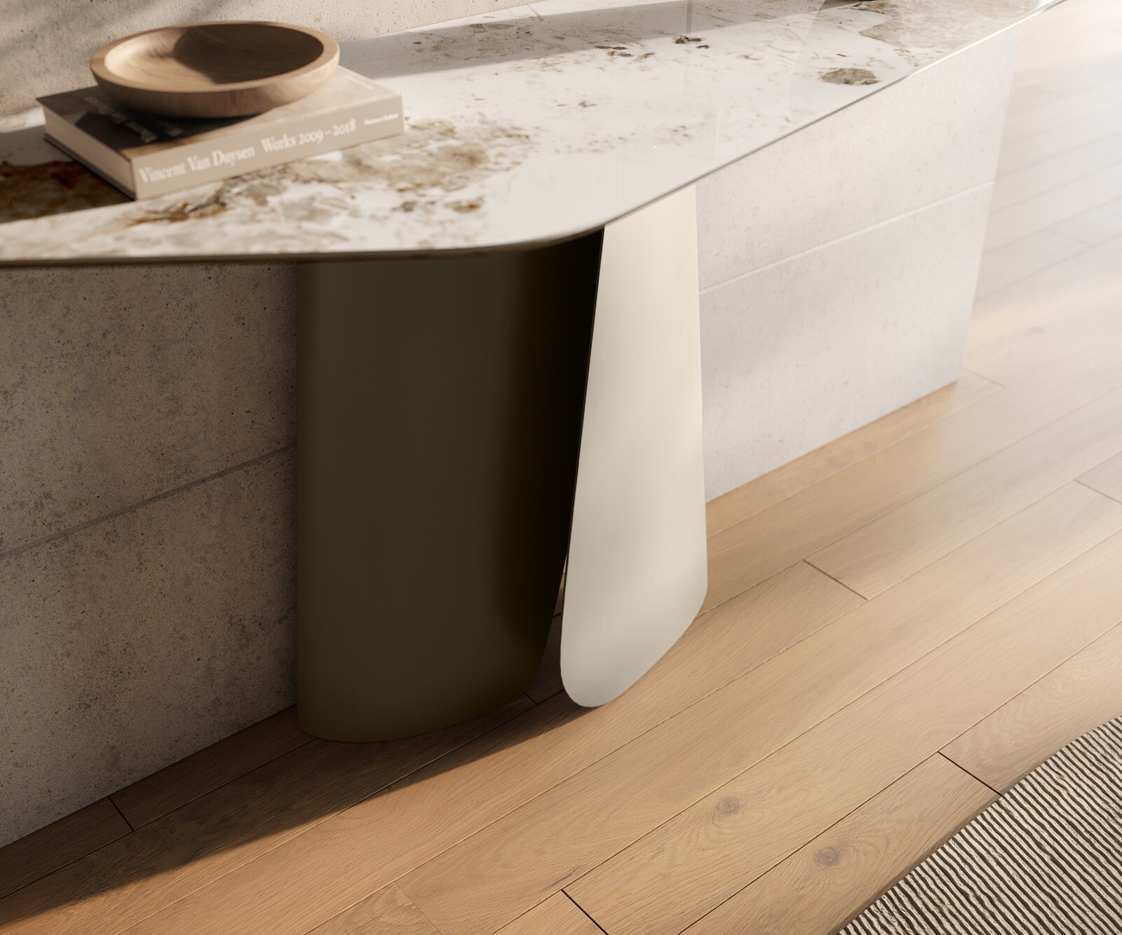 Console Edge Polygonal 140x50 cm Céramique Minas Melange Weiß-Beige Livos Métal Effektfinish Titan 6