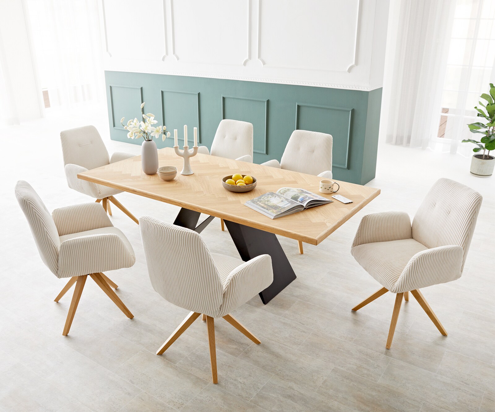 Chaise-de-salle-à-manger Zoa-Flex côtelé beige vintage pied en bois angulaire naturel ressorts ensachés 3
