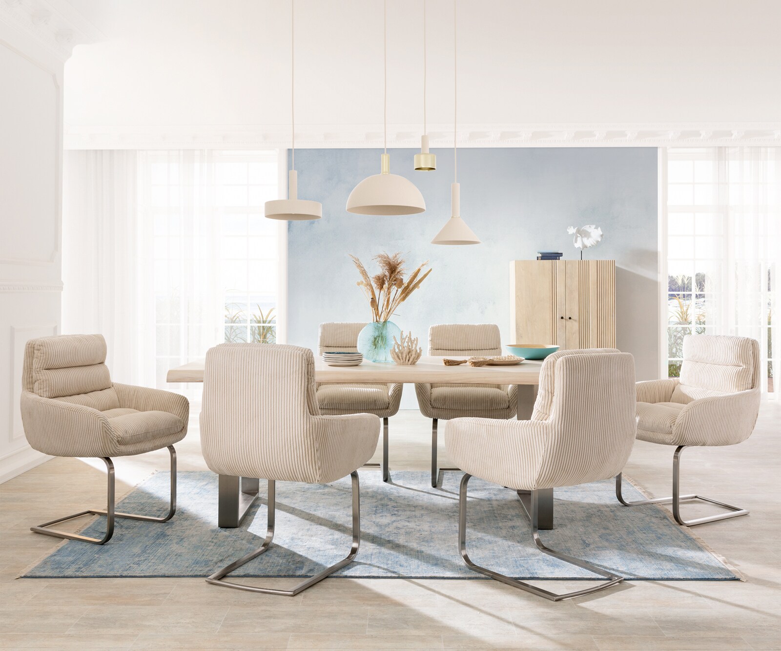 Cantilever Abelia-Flex avec accoudoirs côtelé beige vintage pied cantilever plat acier inoxydable brossé 3 Cantilever Abelia-Flex avec accoudoirs côtelé beige vintage pied cantilever plat acier inoxydable brossé 3