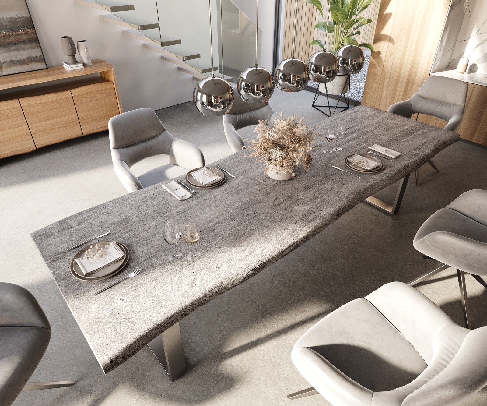 Table-à-manger Edge 300x100 XL acacia platine acier inoxydable mince Live-Edge 4