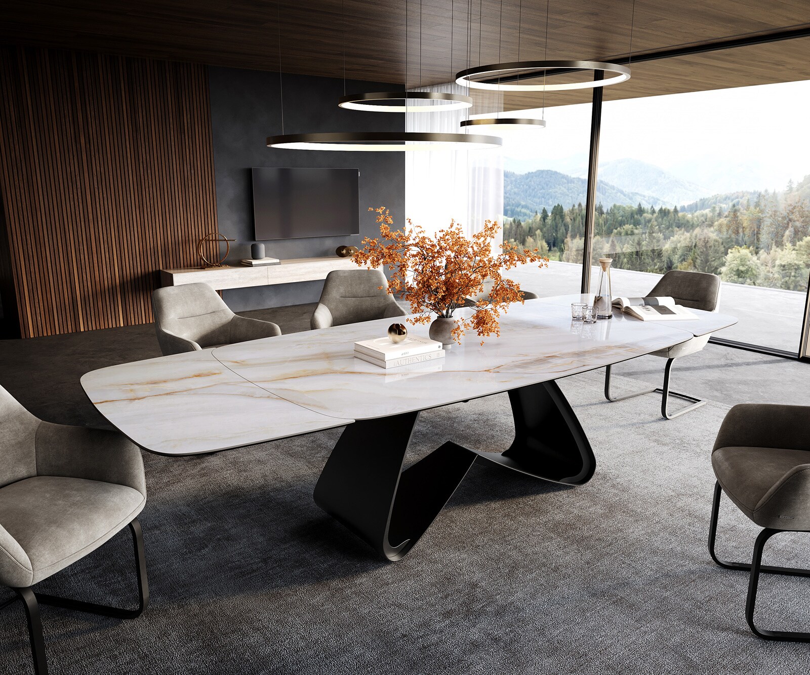 Table à manger Edge Boot 200-300x120 cm Céramique Onyx Pearl piètement en W Métal Noir extensible 1