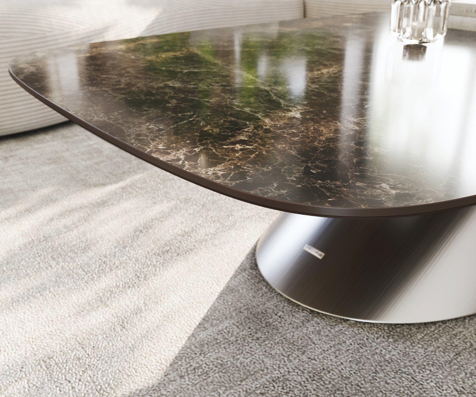 Table basse Edge bateau 140x80 cm céramique Emperador Extra Lucidato brun foncé Conis acier inoxydable brossé 5