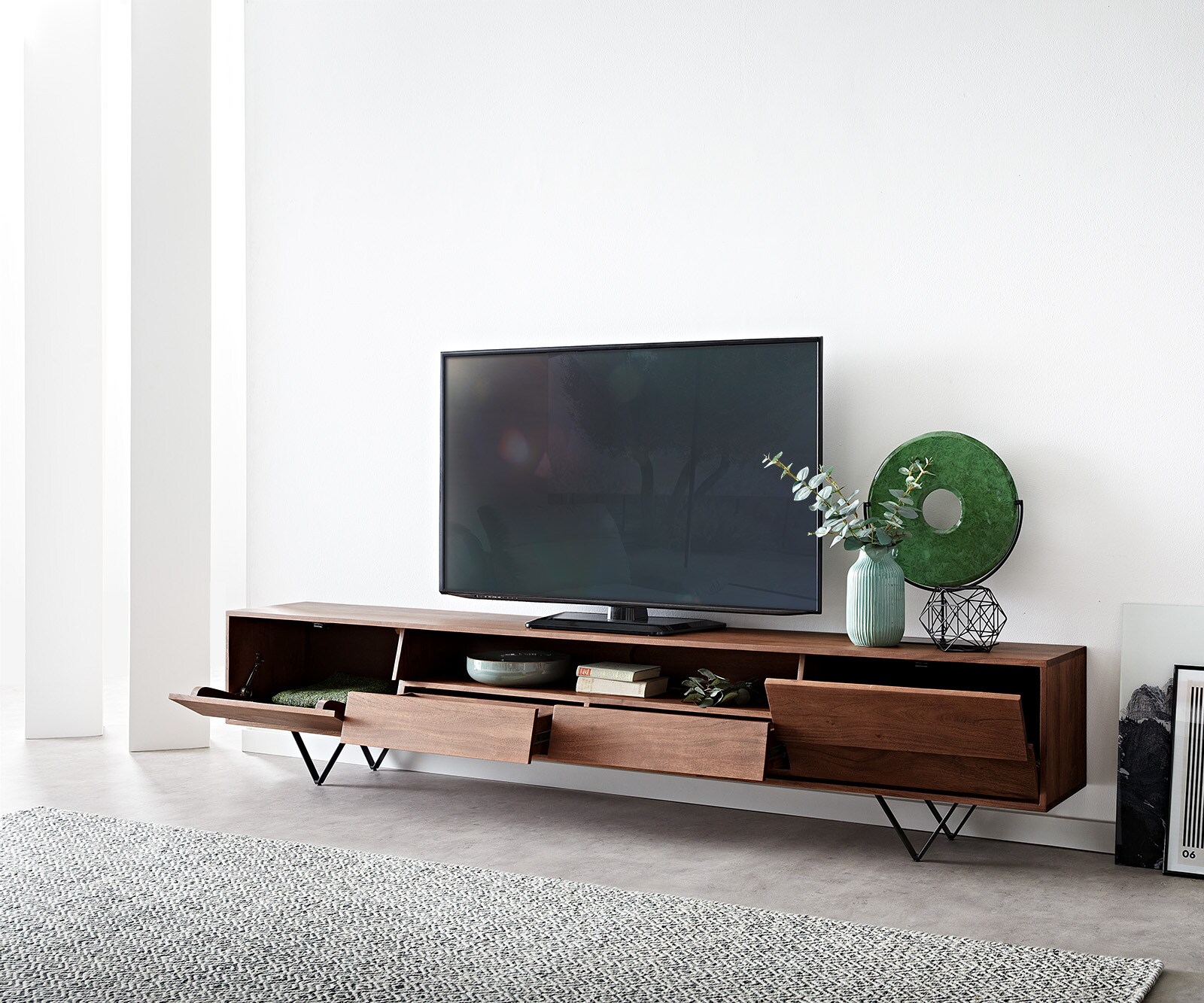 Meuble-TV  Eloi 240x35 cm acacia brun 2 portes 2 tiroirs pied en V noir 3