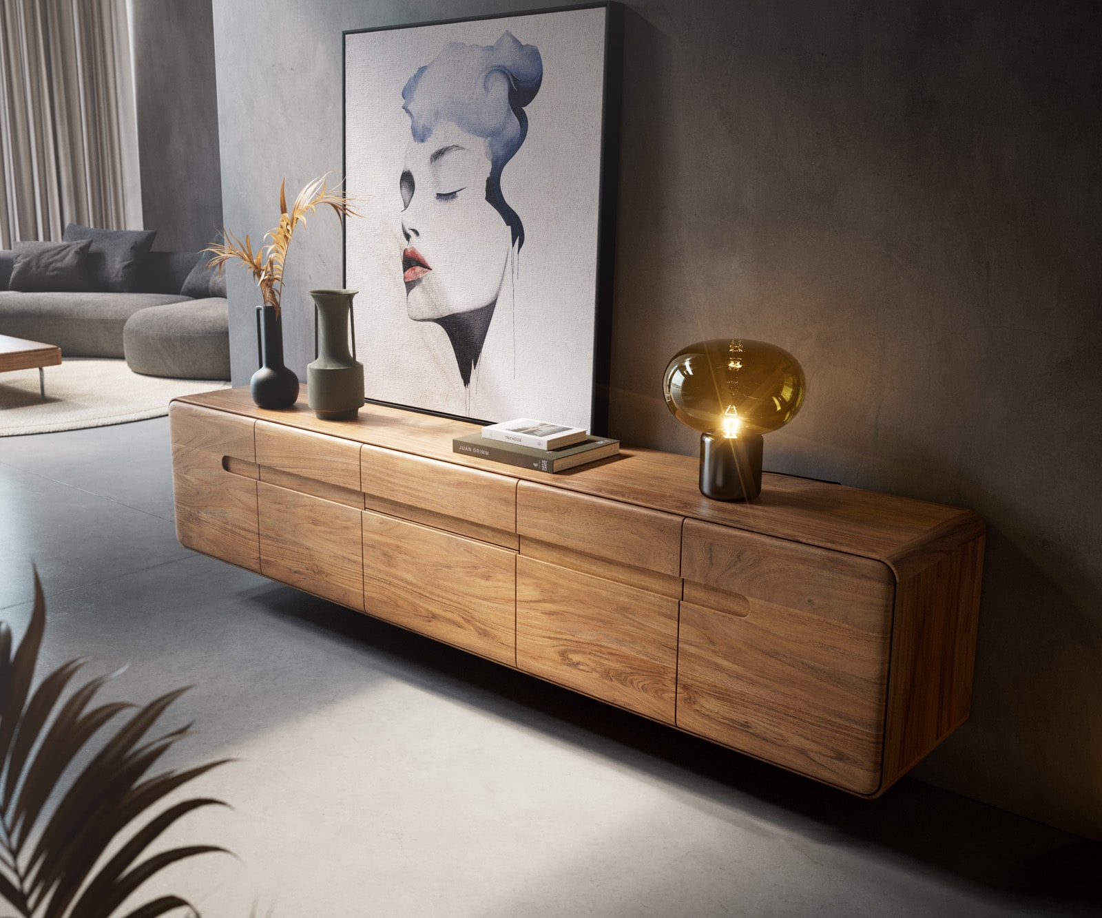 Meuble TV Anaya 220 cm Acacia Naturel 4 portes 2 tiroirs Suspendu 2 Meuble TV Anaya 220 cm Acacia Naturel 4 portes 2 tiroirs Suspendu 2