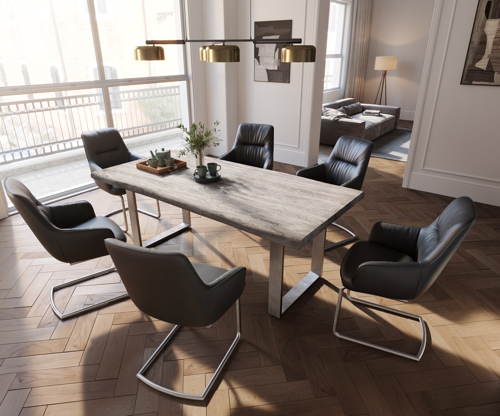 Cantilever Zelia-Flex avec accoudoirs cuir de vache noir pied cantilever rond acier inoxydable brossé ressorts ensachés 3 Cantilever Zelia-Flex avec accoudoirs cuir de vache noir pied cantilever rond acier inoxydable brossé ressorts ensachés 3