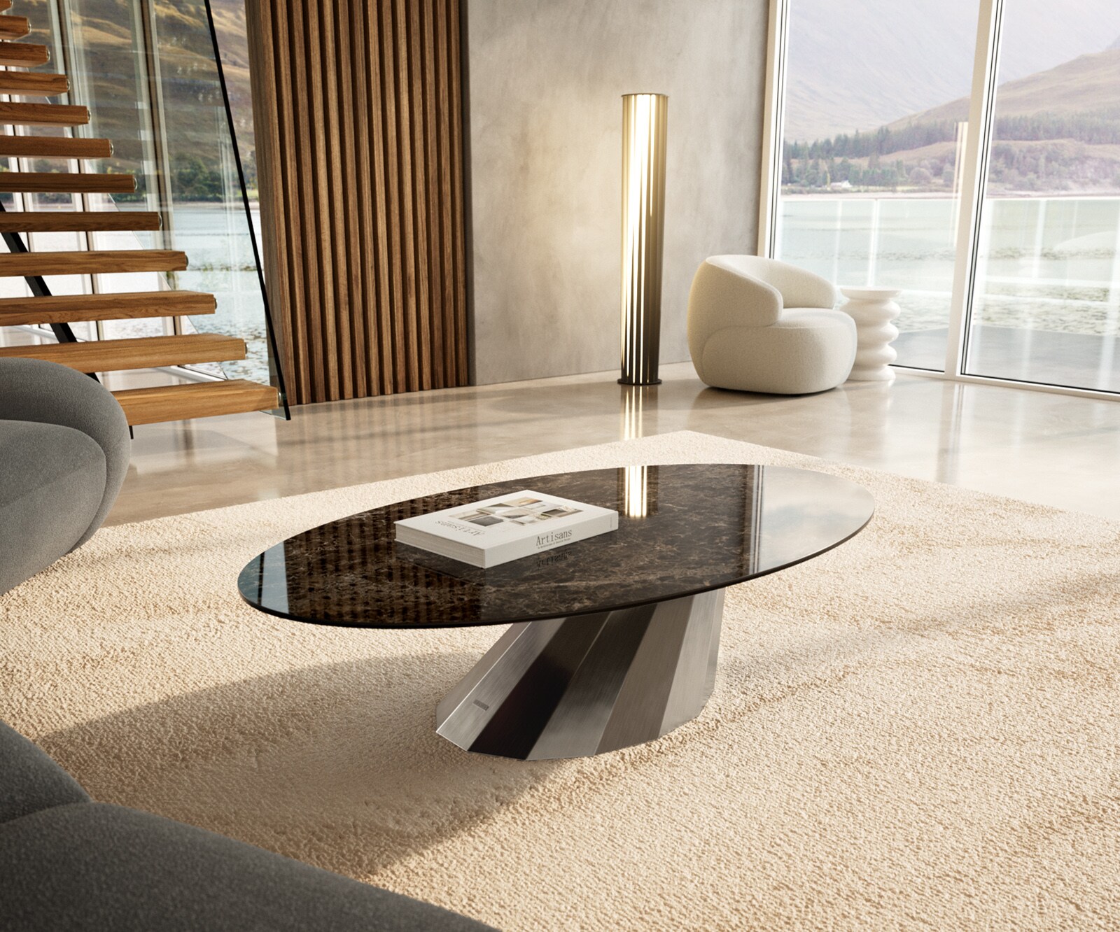 Table basse Edge Oval 140x80 cm céramique Laminam® Emperador Extra Lucidato brun foncé Parabi acier inoxydable brossé 1