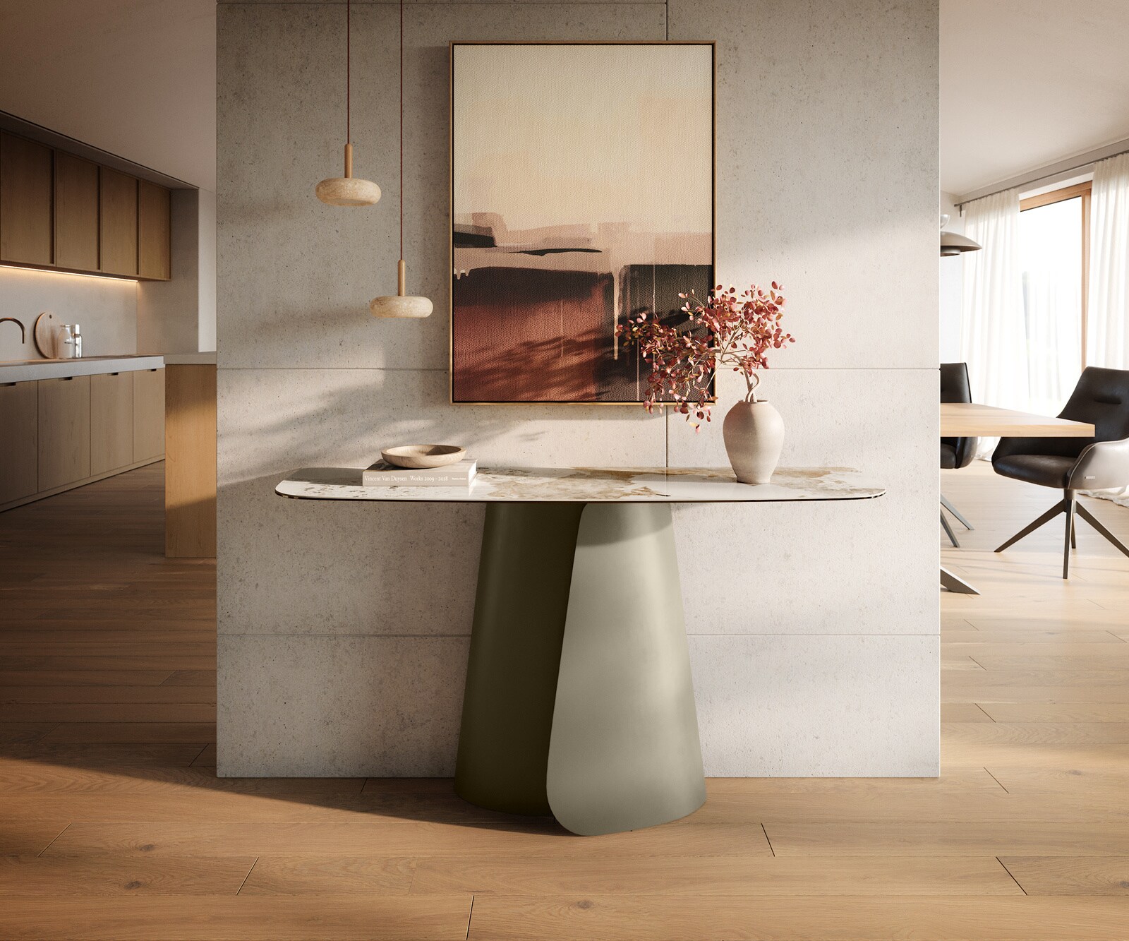 Console Edge forme bateau 140x40 cm Céramique Minas Melange Weiß-Beige Livos Métal Effektfinish Titan 3