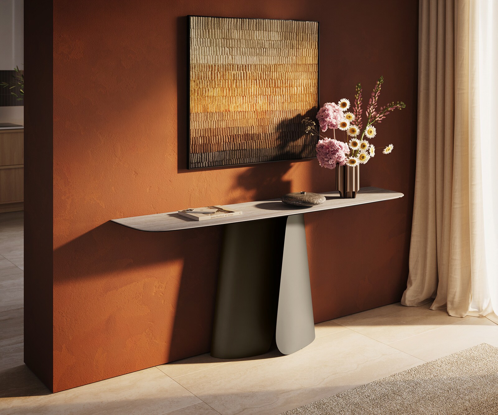Console Edge forme bateau 180x40 cm Céramique Laminam® Travertino Bianco Creme-Weiß Livos Métal Effektfinish Titan 1