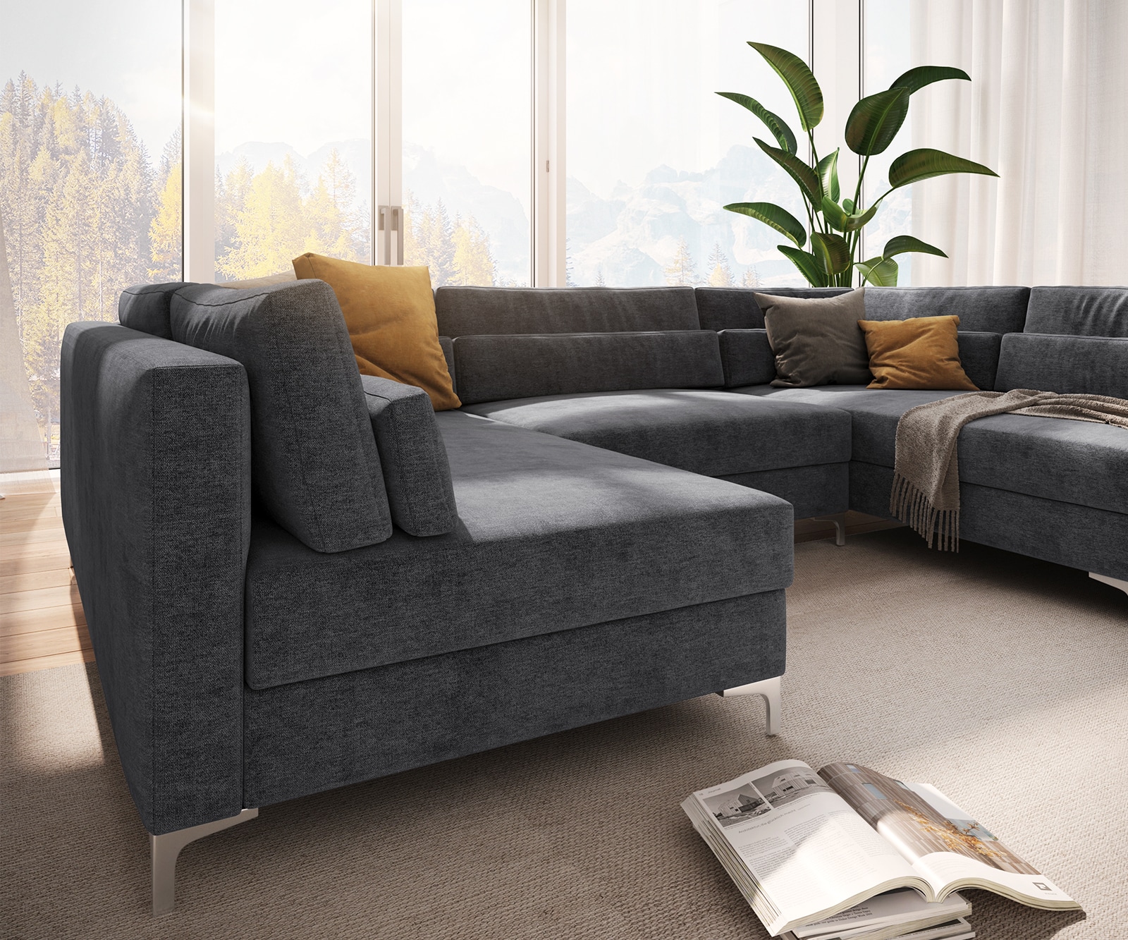 Canapé-panoramique Elio 300x185 cm microfibre graphite avec pouf 6 Canapé-panoramique Elio 300x185 cm microfibre graphite avec pouf 6