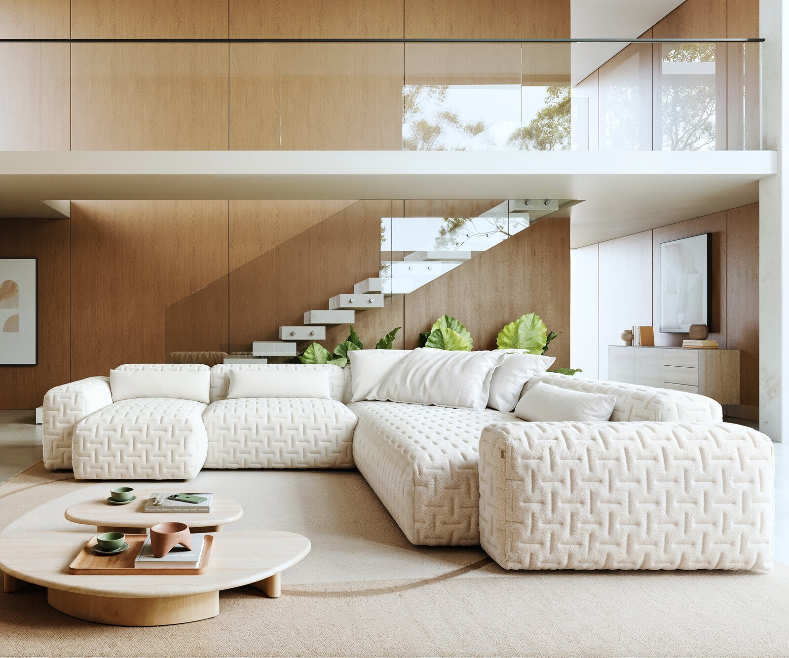 Canapé panoramique Freestyle 360x290 cm Bouclé doux Beige matelassé 1