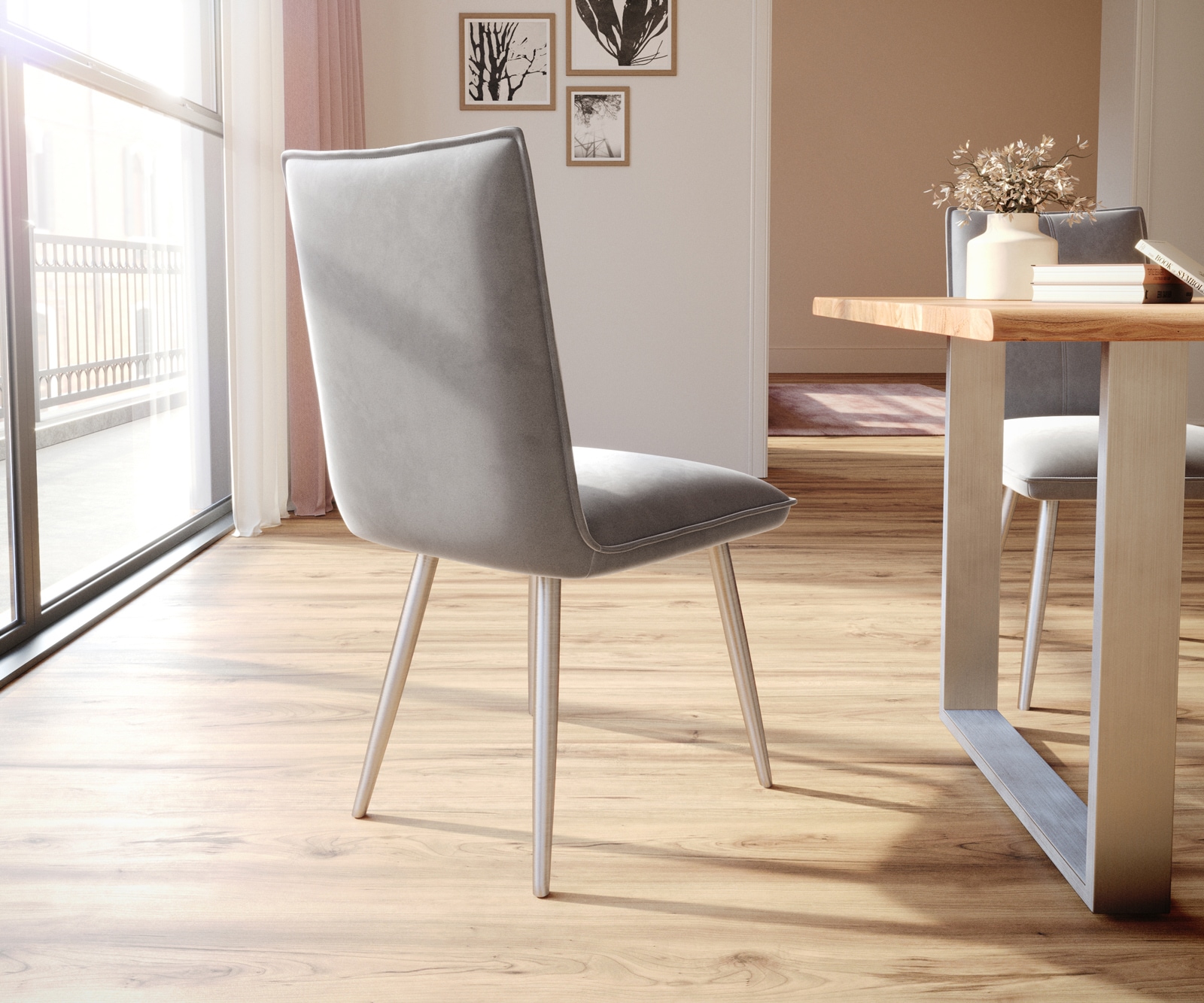 Chaise-de-salle-à-manger Lelio-Flex velours gris 4 pieds coniques acier inoxydable brossé ressorts ensachés 4 Chaise-de-salle-à-manger Lelio-Flex velours gris 4 pieds coniques acier inoxydable brossé ressorts ensachés 4