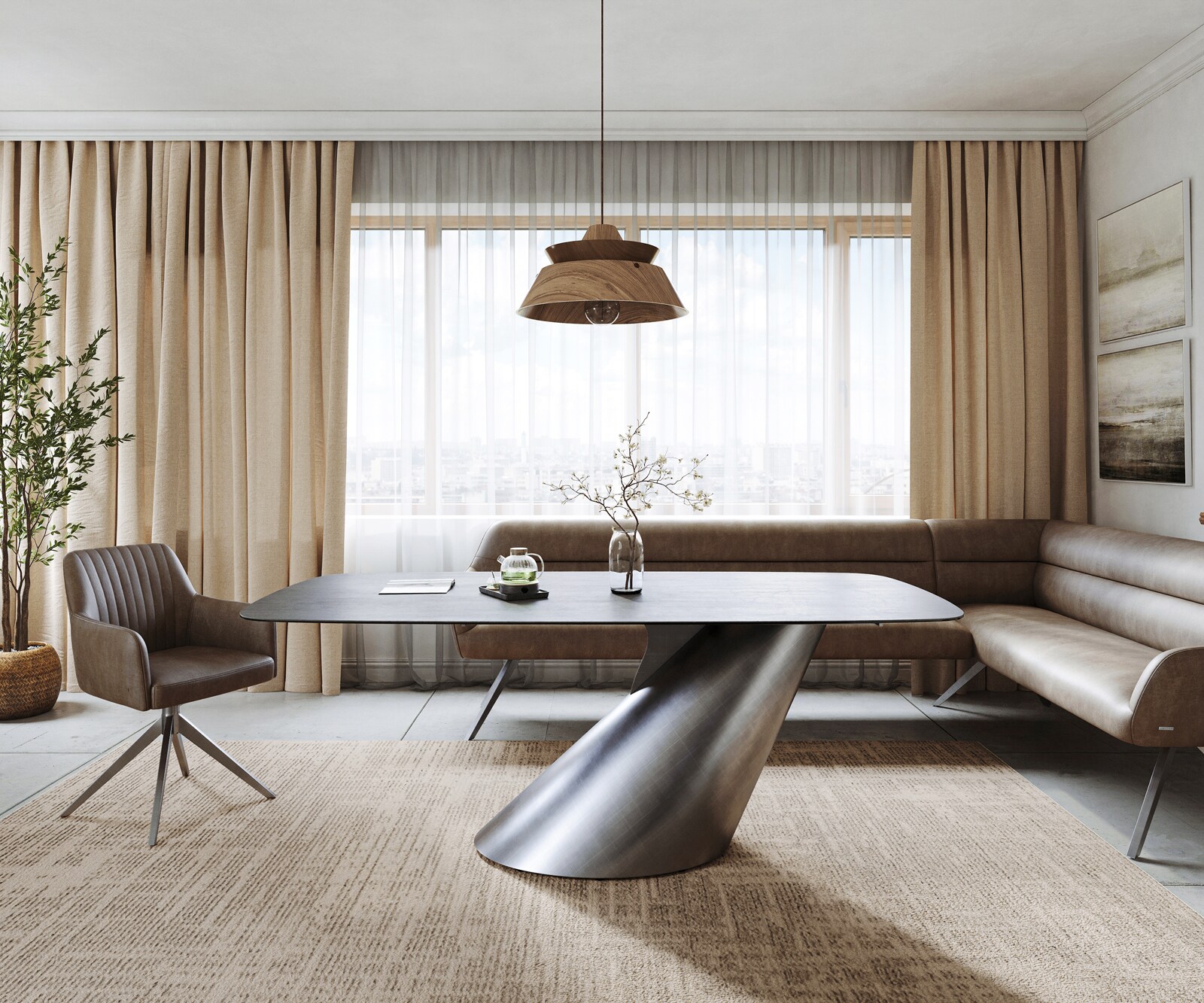 Table à manger Edge bateau 200x100 cm céramique béton gris Cono métal argenté 1