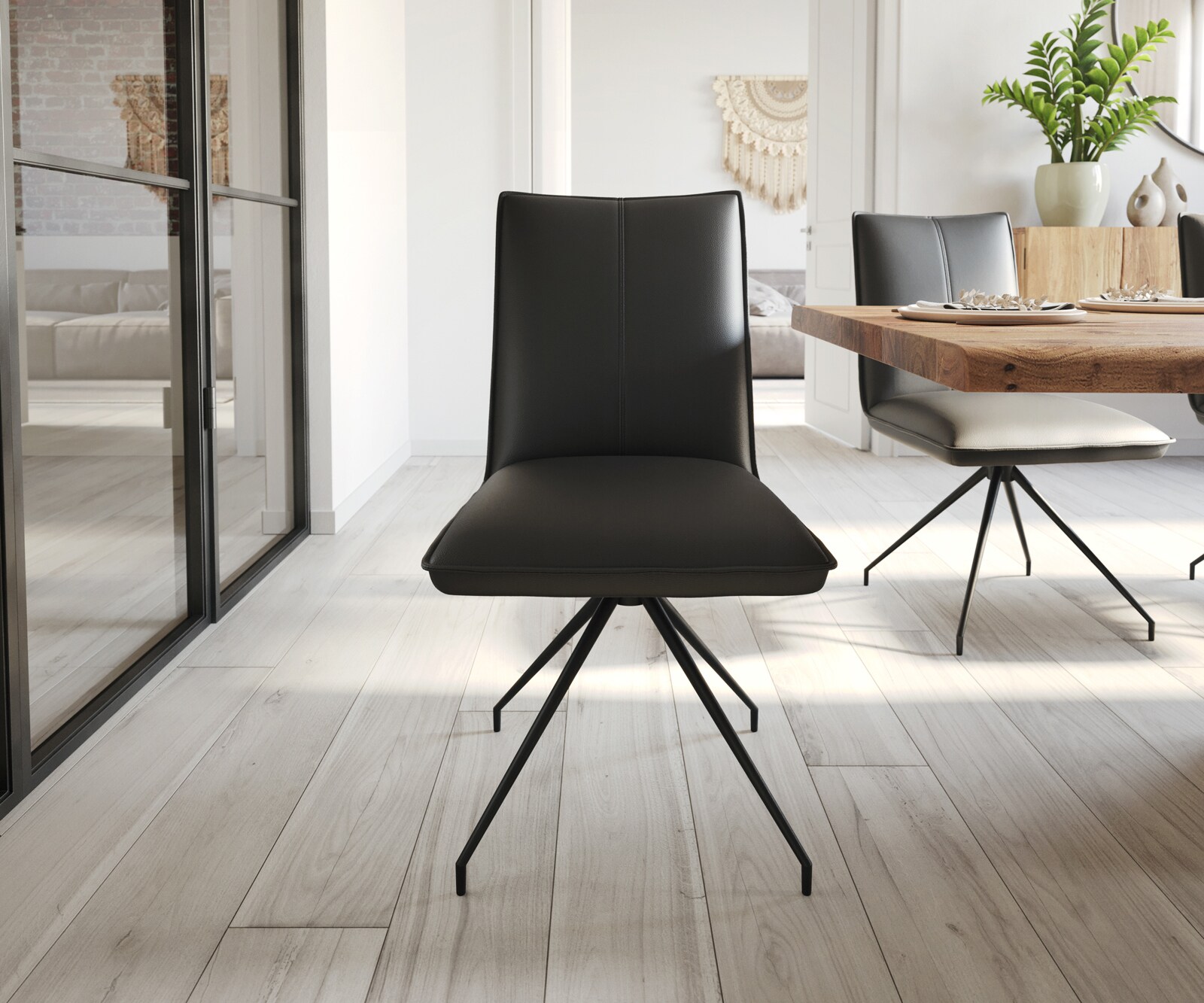 Chaise-de-salle-à-manger Lelio-Flex cuir de vache noir pied croisé conique noir ressorts ensachés 1 Chaise-de-salle-à-manger Lelio-Flex cuir de vache noir pied croisé conique noir ressorts ensachés 1