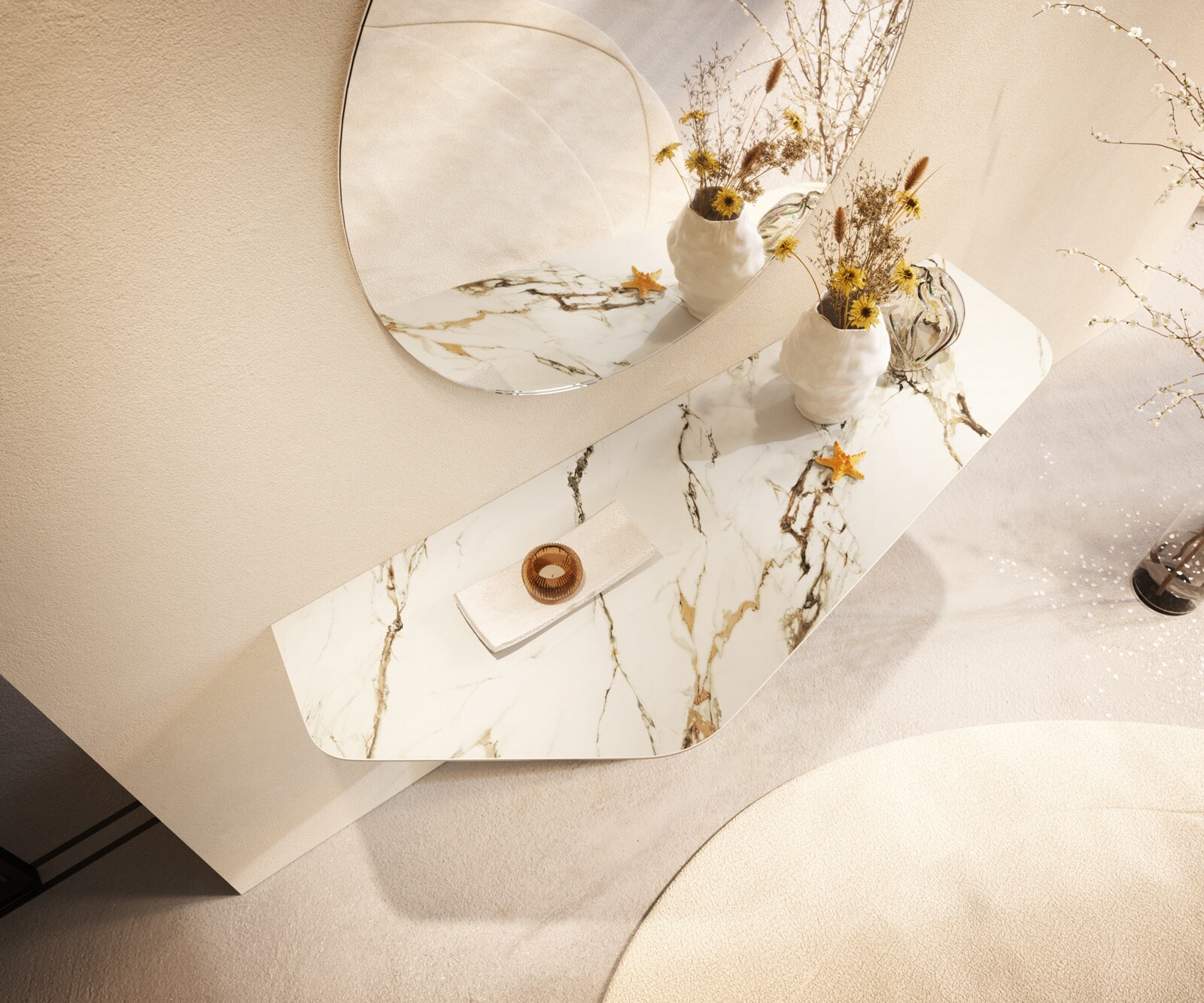 Console Edge Polygonal 140x50 cm Céramique Calacatta Luxe Weiß-Gold-Gris Livos Métal Effektfinish Titan 2