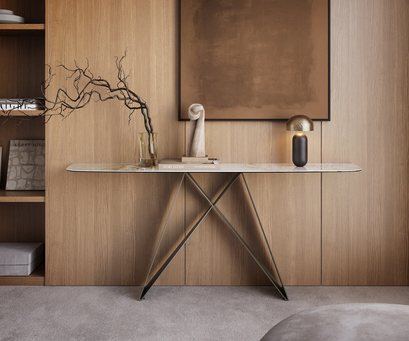Console Edge forme bateau 180x40 cm Céramique Minas Melange Weiß-Beige Velio Métal Effektfinish Titan 1