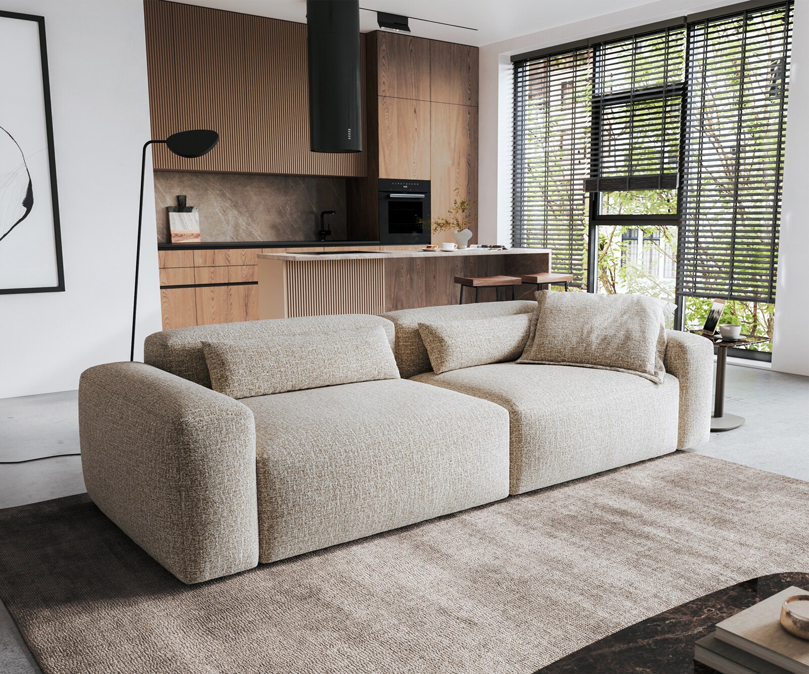 Bigsofa Freestyle 280x110 cm Tissu tissé doux Beige couture plate