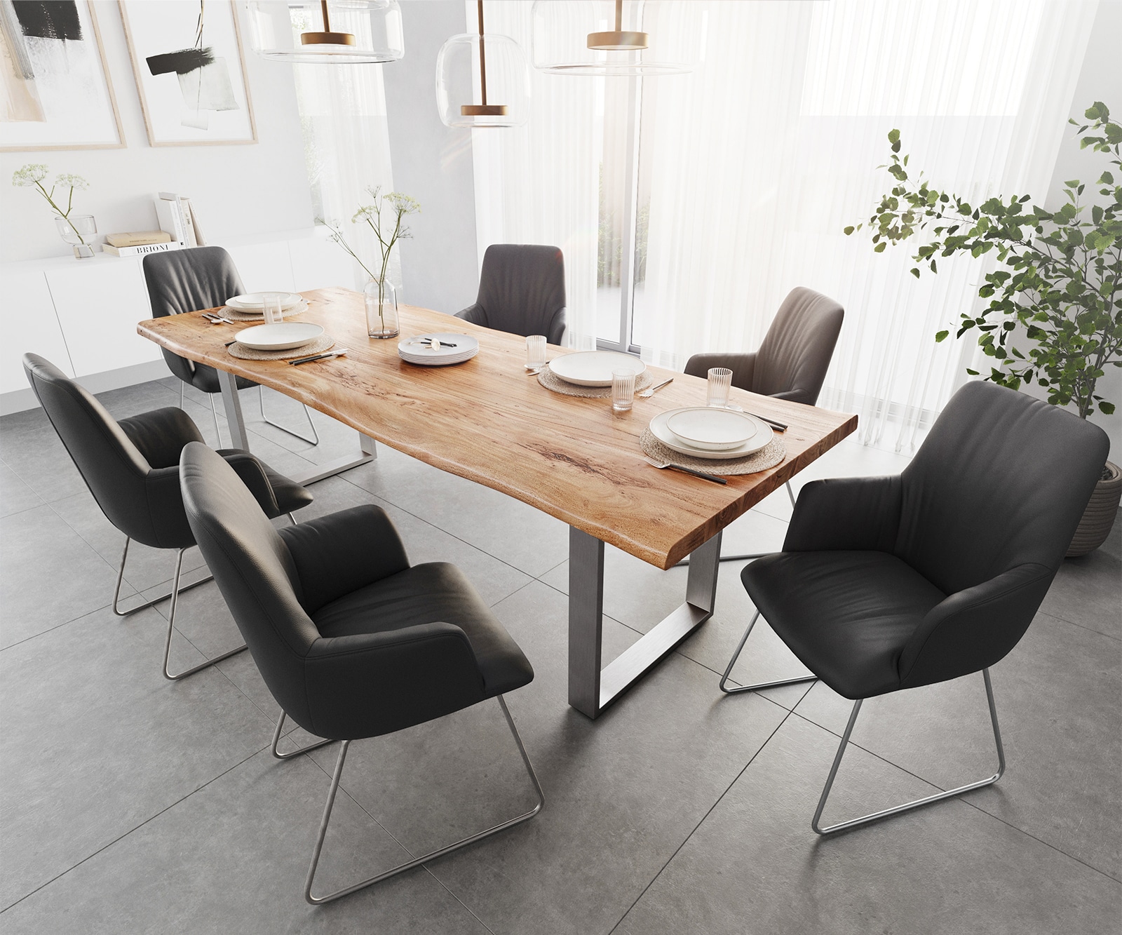 Table-à-manger Edge 260x100 XL acacia nature acier inoxydable mince Live-Edge 5 Table-à-manger Edge 260x100 XL acacia nature acier inoxydable mince Live-Edge 5