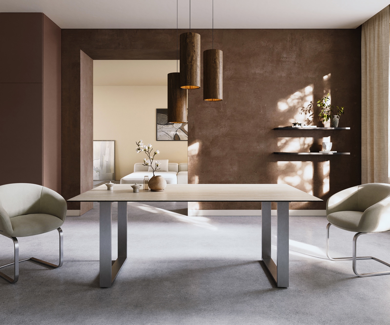 Table à manger Edge 200x100 céramique Laminam® Travertino Bianco crème-blanc acier inoxydable étroit