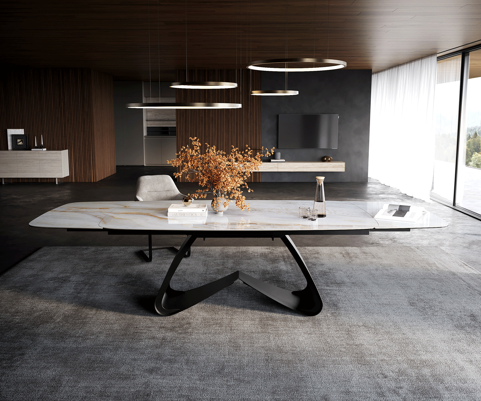 Table à manger Edge Boot 200-300x120 cm Céramique Onyx Pearl piètement en W Métal Noir extensible 2