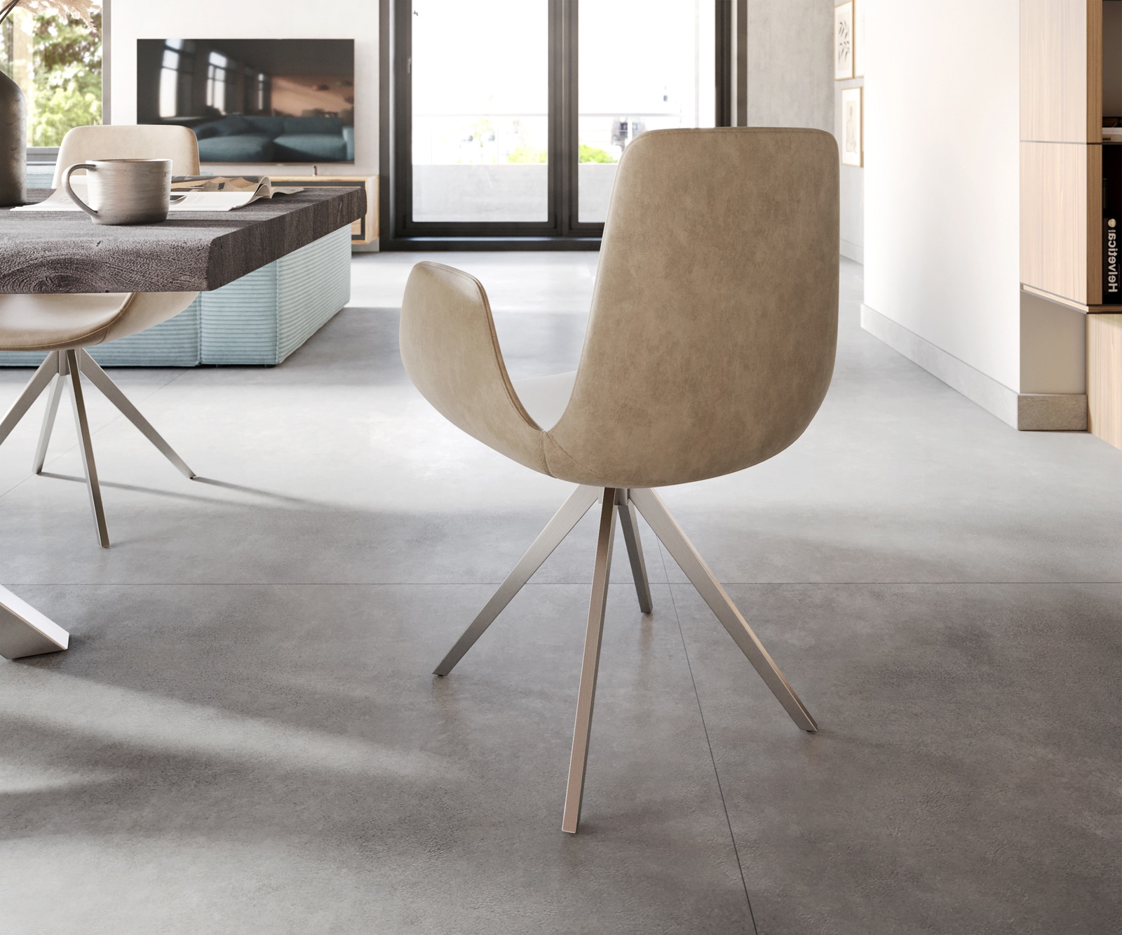 Chaise-de-salle-à-manger Ilia-Flex avec accoudoirs microvelours beige vintage pied croisé angulaire acier inoxydable brossé 4 Chaise-de-salle-à-manger Ilia-Flex avec accoudoirs microvelours beige vintage pied croisé angulaire acier inoxydable brossé 4