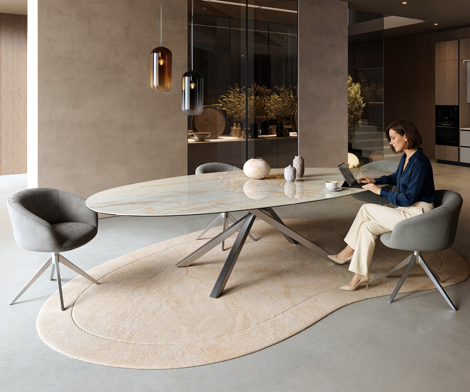 Table à manger Edge Oval 315x150 cm Céramique Iris FMG Onice Oro piètement en croix Rectangle Acier inoxydable 7