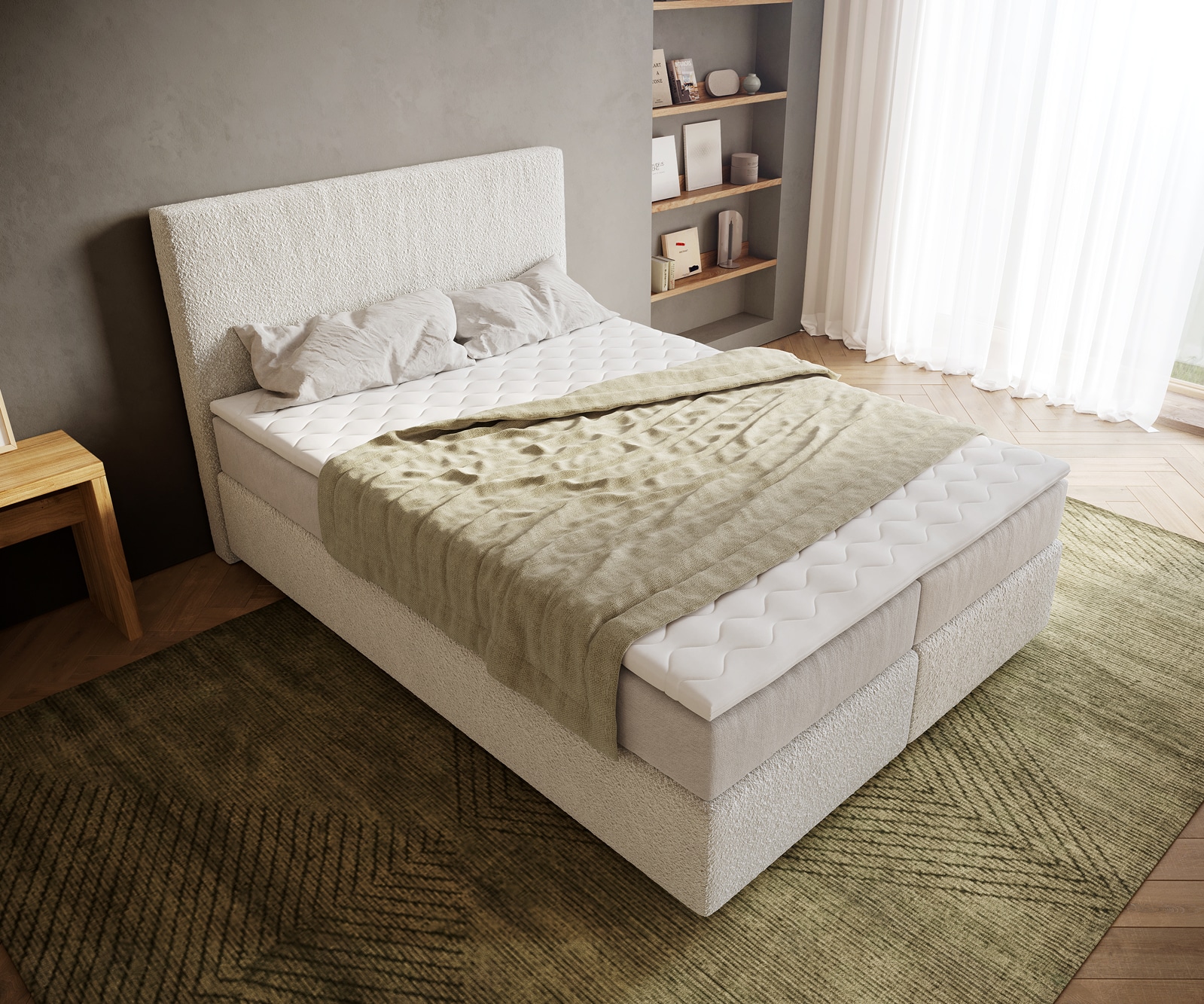 Lit-à-sommier-tapissier Dream-Well Bouclé Crème-Blanc 140x200 cm avec matelas à ressorts ensachés et surmatelas Visco 3 Lit-à-sommier-tapissier Dream-Well Bouclé Crème-Blanc 140x200 cm avec matelas à ressorts ensachés et surmatelas Visco 3