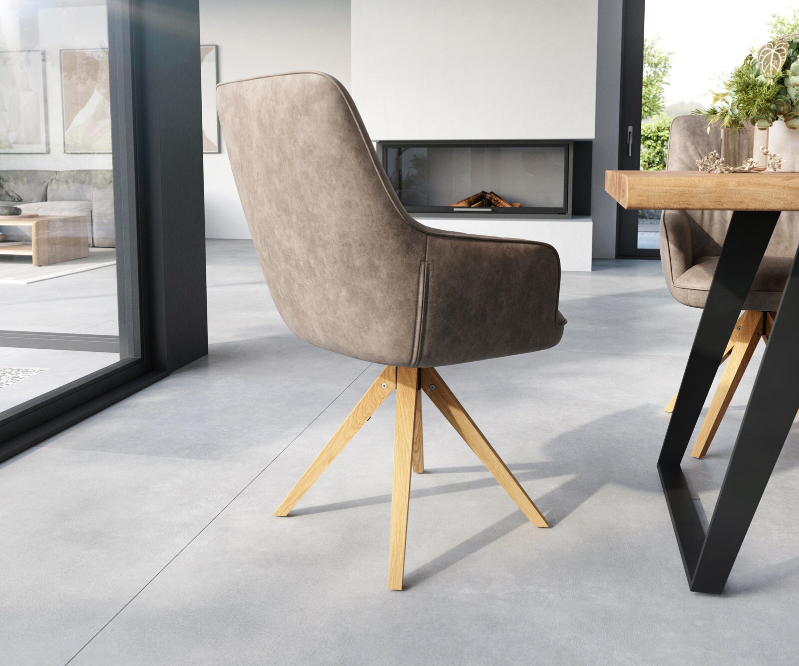 Chaise-de-salle-à-manger Zelia-Flex avec accoudoirs microvelours taupe vintage pied en bois angulaire naturel ressorts ensachés 4