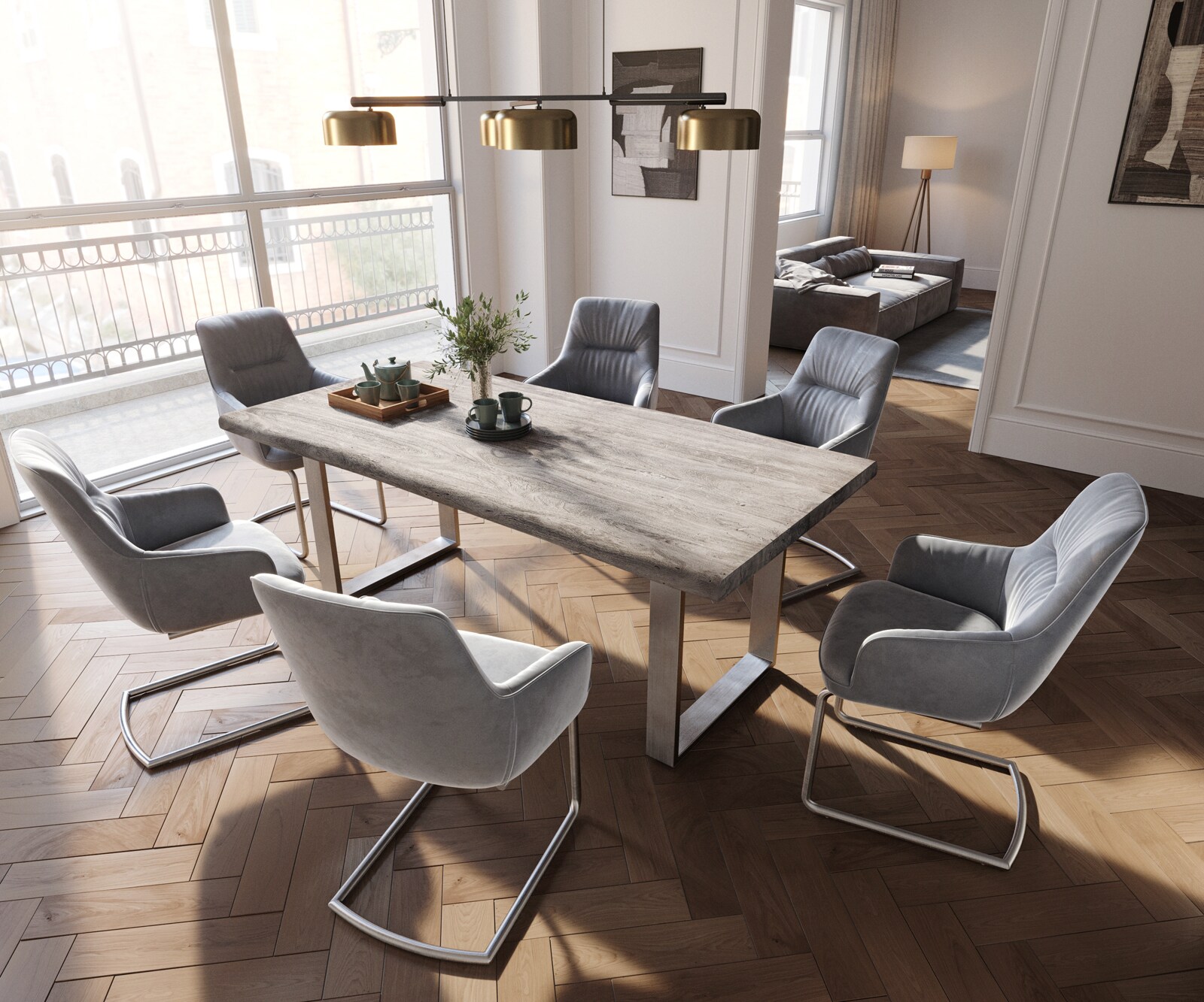 Cantilever Zelia-Flex avec accoudoirs velours gris pied cantilever rond acier inoxydable brossé ressorts ensachés 3 Cantilever Zelia-Flex avec accoudoirs velours gris pied cantilever rond acier inoxydable brossé ressorts ensachés 3