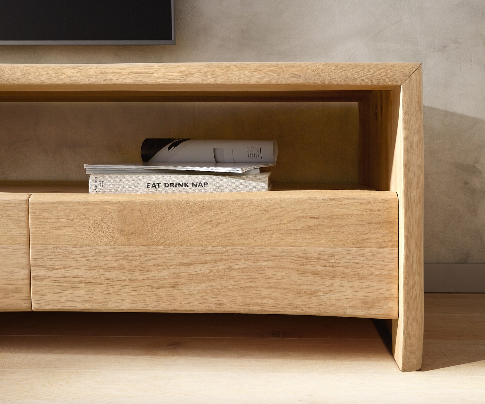 Meuble TV Live-Edge 230 cm chêne naturel 4 tiroirs bordure d'arbre massif  6