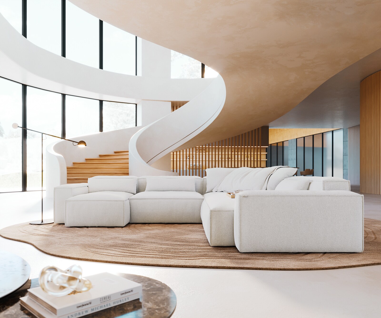 Canapé panoramique Freestyle 360x290 cm Bouclé doux Beige couture passepoilée 1