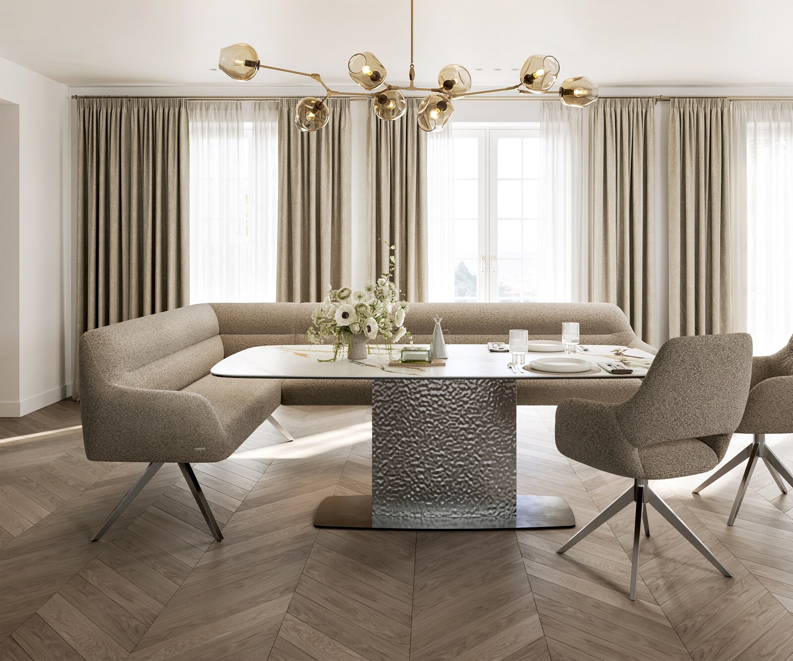 Banc-de-salle-à-manger Taya-Flex 285x190 cm bouclé boue pied croisé angulaire acier inoxydable ressort ensaché à droite 2