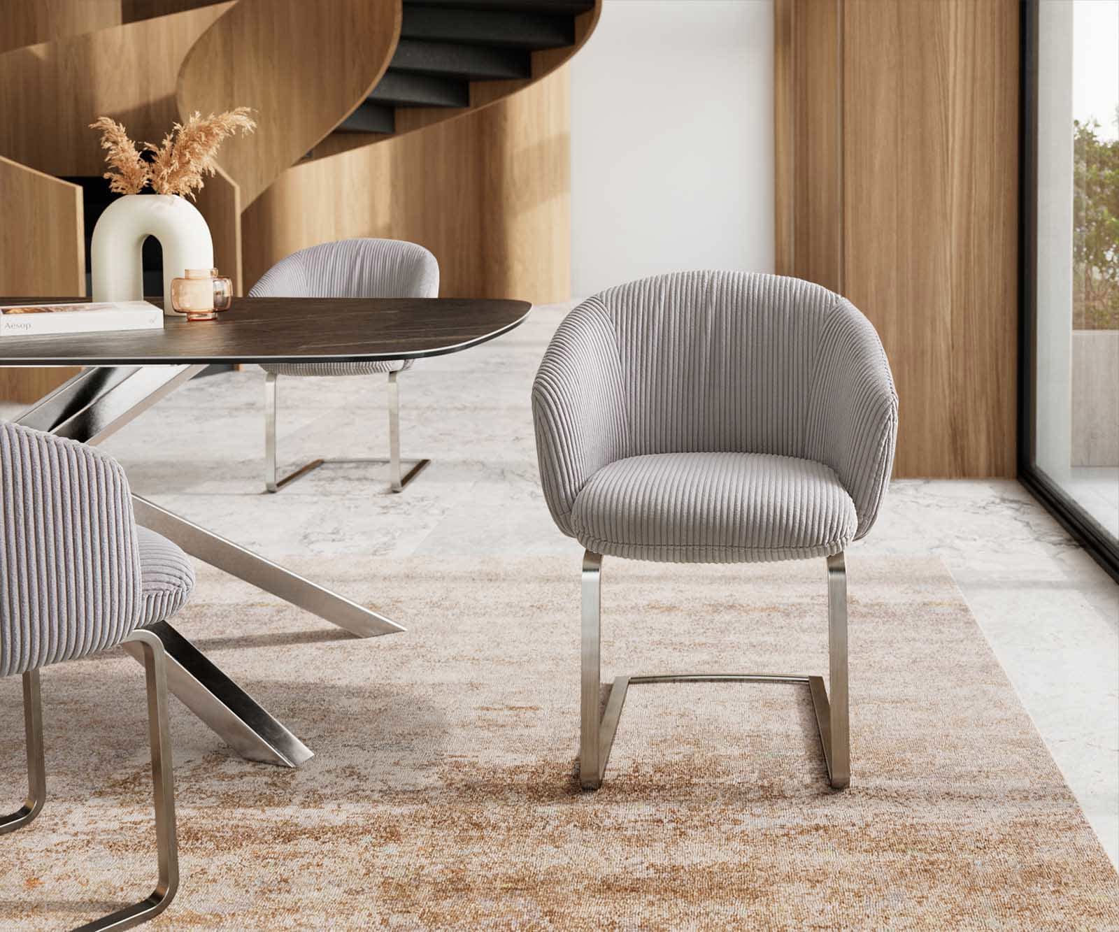 Cantilever Caja-Flex avec accoudoirs côtelé gris argenté pied cantilever plat acier inoxydable brossé ressorts ensachés 1 Cantilever Caja-Flex avec accoudoirs côtelé gris argenté pied cantilever plat acier inoxydable brossé ressorts ensachés 1