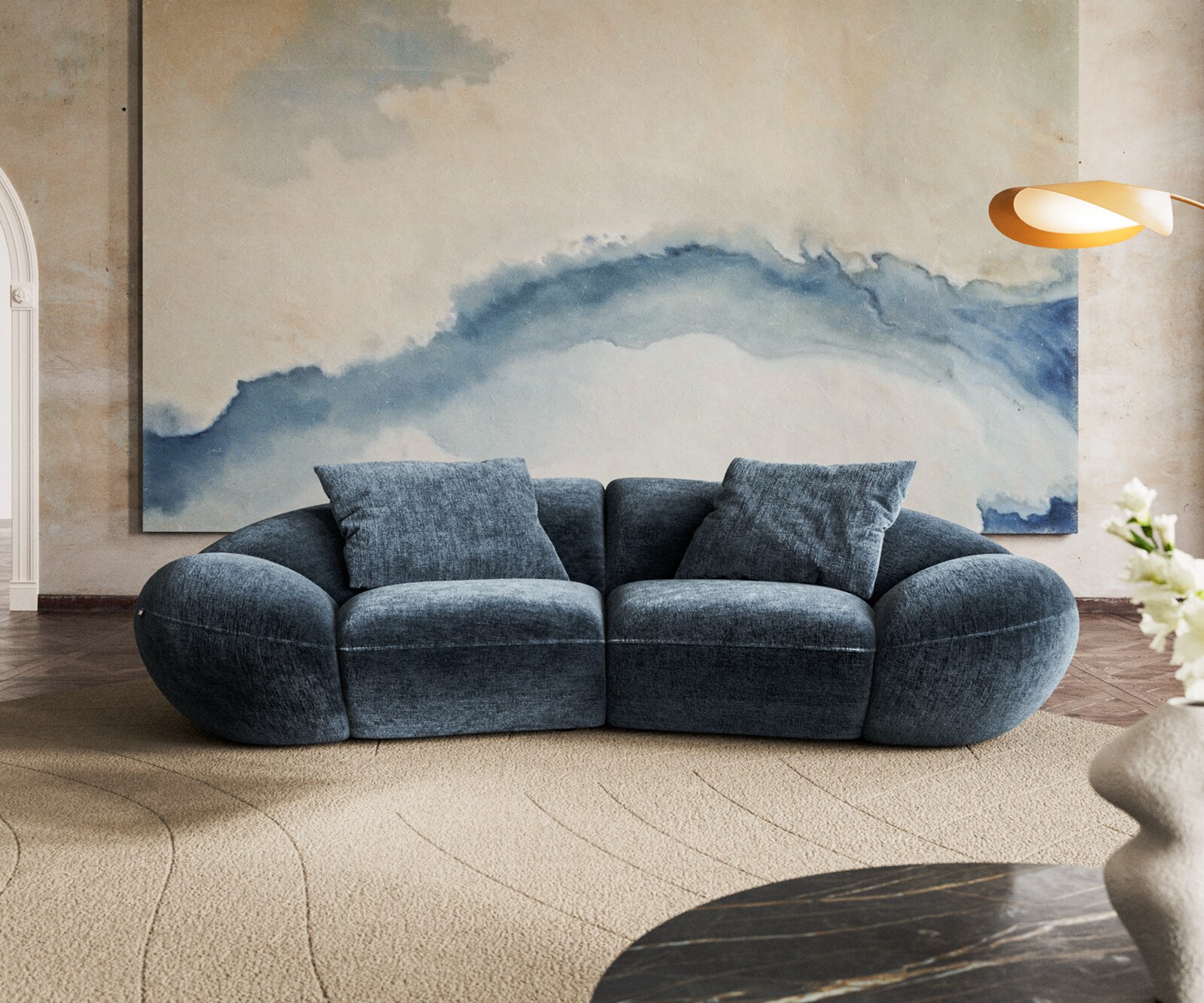 Canapé 2 places Lunna 280x170 cm chenille bleu 2 coussins 3