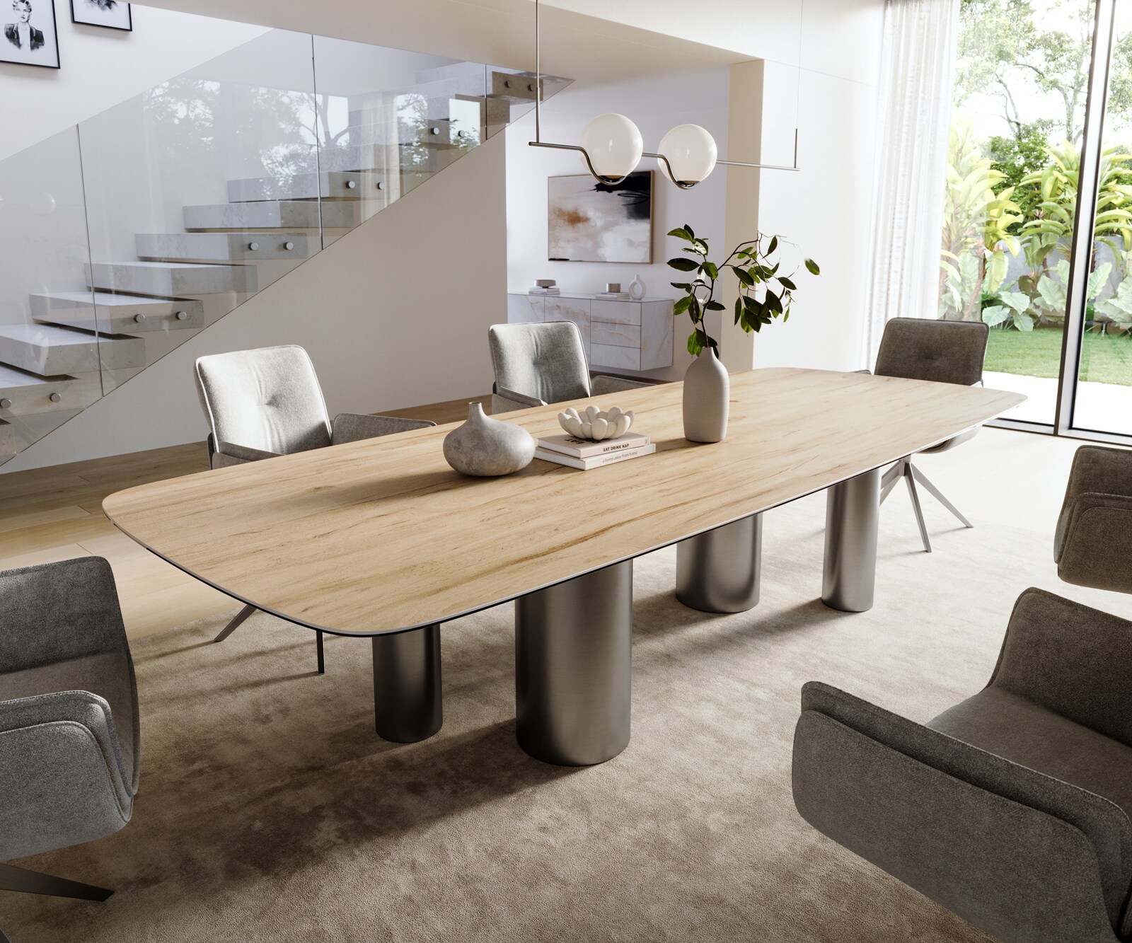 Table à manger Edge Boot 300x120 cm Céramique Laminam® Sabbia Eichefarbig Pilier Acier inoxydable Graphite 1