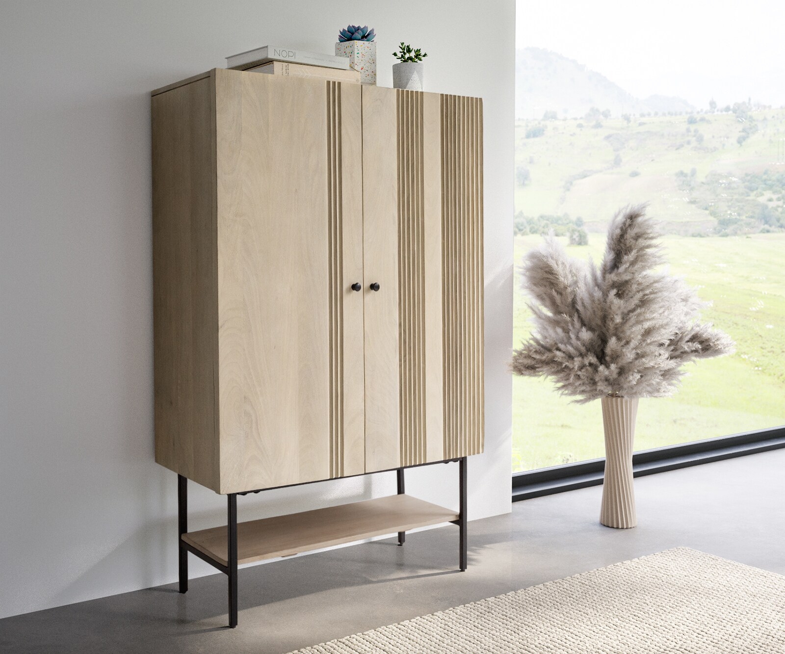 Buffet-hautNestos 90x140 cm Manguier White Wash Métal noir 2 portes 1