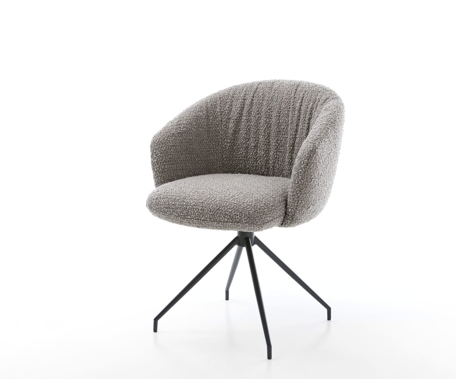 Chaise-pivotante Caja-Flex avec accoudoirs bouclé gris argenté pied croisé conique noir pivotement sur 180° ressorts ensachés