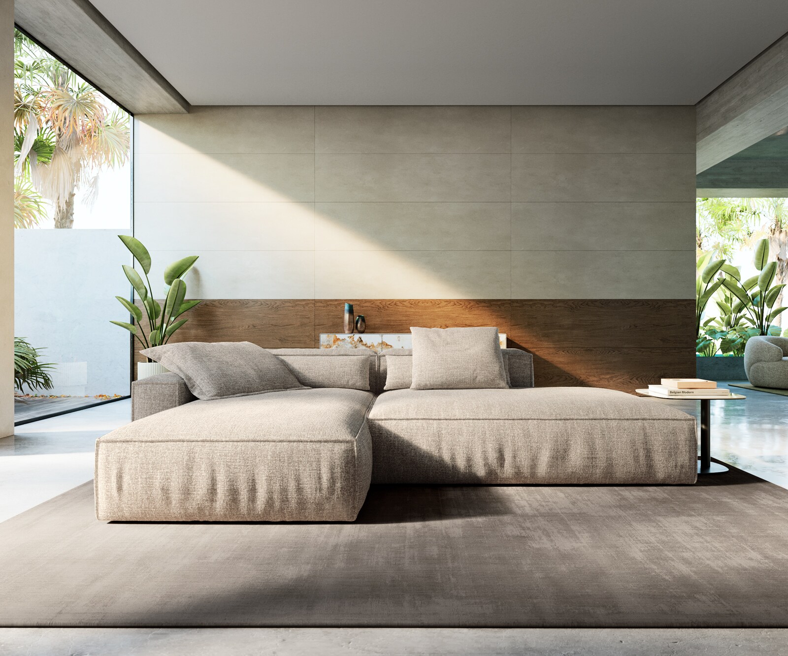 Canapé d'angle Freestyle 310x200 cm Tissu tissé doux Beige couture passepoilée