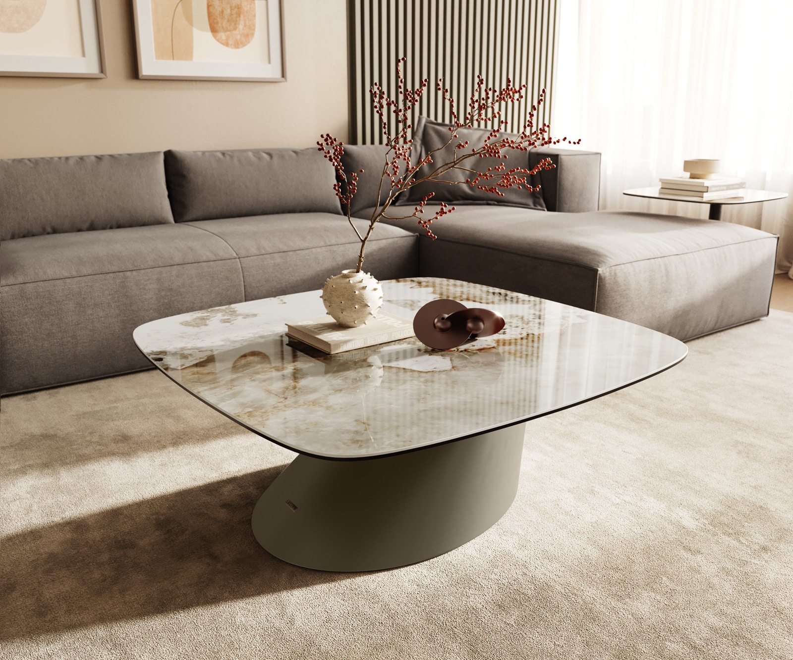 Table basse Edge Boot 90x90 cm céramique Minas Melange Conis Metall finition effet titane 1