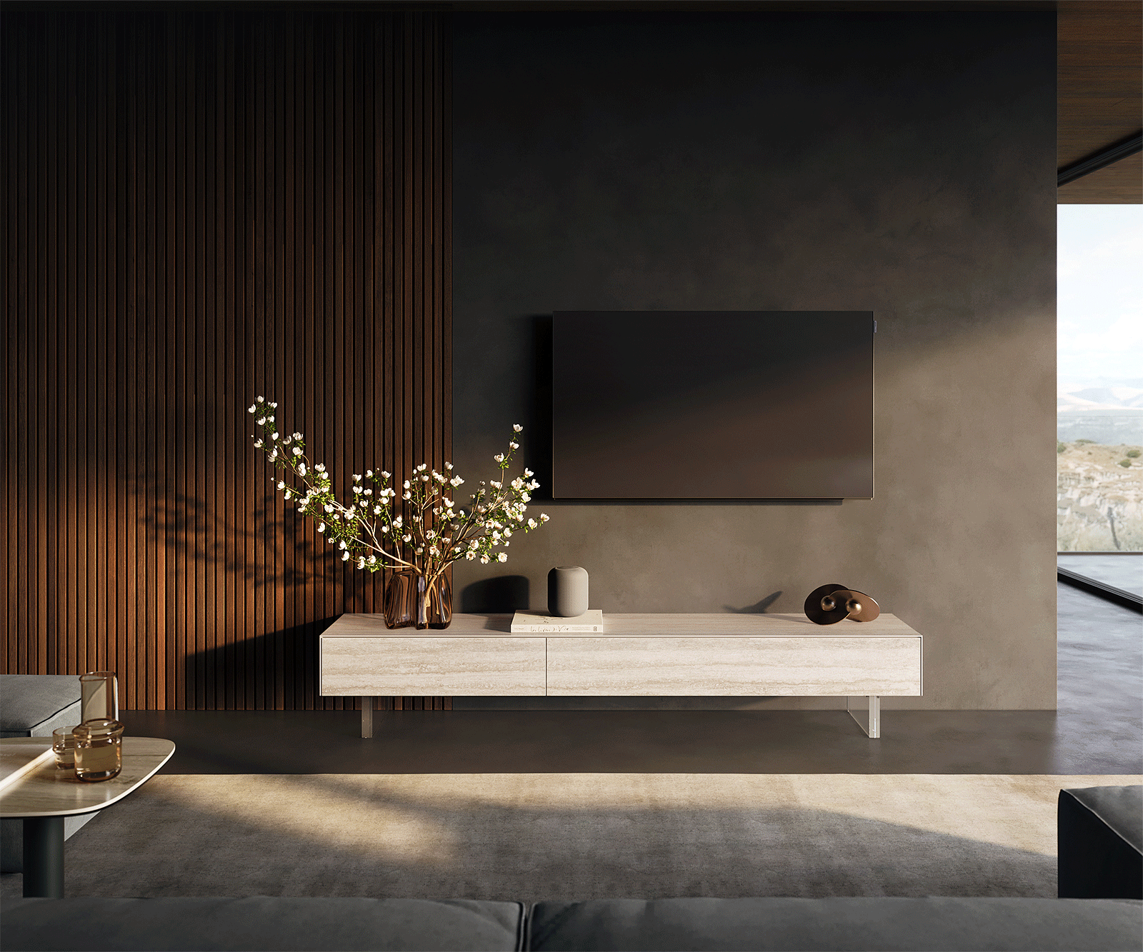 Meuble-TV Cuor 200 cm Céramique Laminam® Travertino Bianco Crème-blanc 1 Clapet 1 Tiroir Pied optique flottant Verre acrylique 1