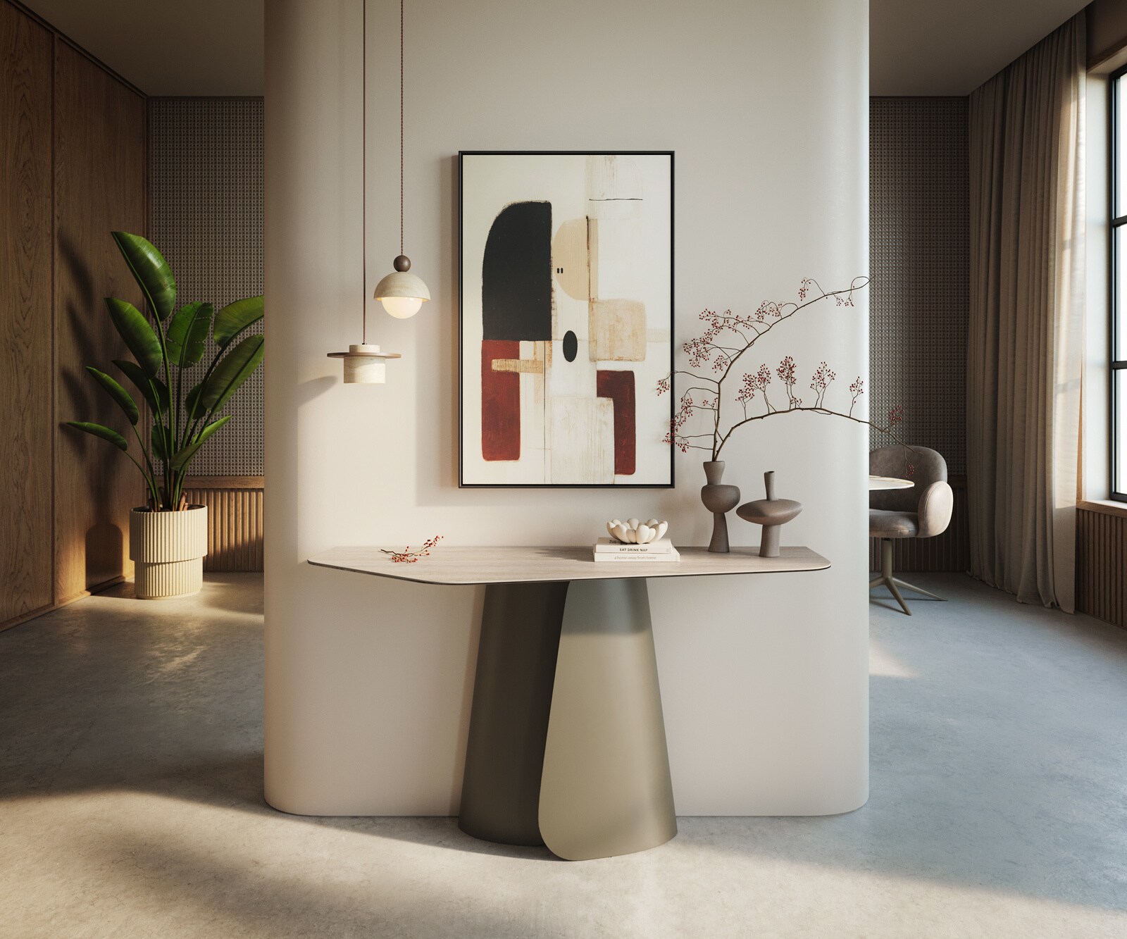 Console Edge Polygonal 140x50 cm Céramique Laminam® Travertino Bianco Creme-Weiß Livos Métal Effektfinish Titan 4