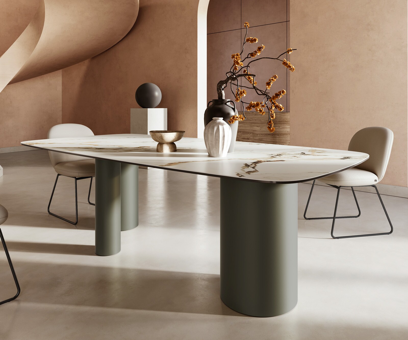 Table à manger Edge Boot 240x120cm céramique Calacatta Luxe blanc-doré-gris Troa métal effet titane 5