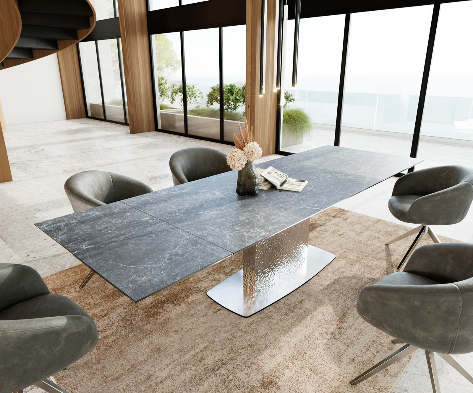 Table à manger Edge 200-300x100 céramique Laminam®Nero Greco gris Wave acier inoxydable extensible 1