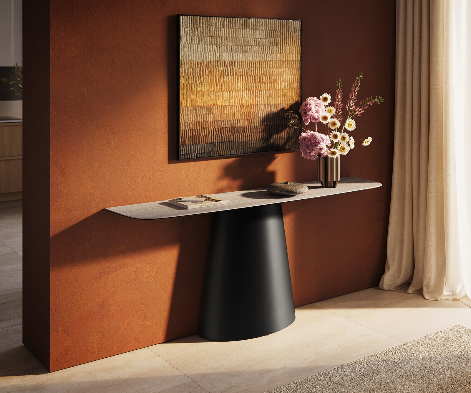 Console Edge forme bateau 180x40 cm Céramique Laminam® Travertino Bianco Creme-Weiß Conos Métal Noir 1